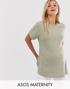 Oversize-футболка бойфренда цвета хаки с отворотами на рукавах ASOS DESIGN Maternity-Зеленый