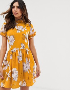 Платье мини с короткими рукавами и цветочным принтом AX Paris-Желтый