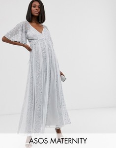 Платье макси с расклешенными рукавами и отделкой пайетками ASOS DESIGN Maternity-Серебряный