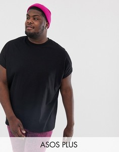 Черная длинная oversize-футболка с круглым вырезом и отворотами на рукавах ASOS DESIGN Plus-Черный