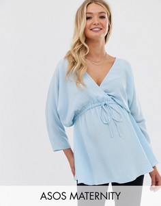 Топ с рукавами \летучая мышь\" и завязкой на талии ASOS DESIGN Maternity-Синий