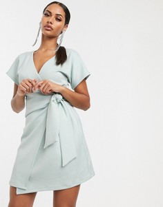 Платье мини с запахом и плиссировкой ASOS DESIGN-Синий