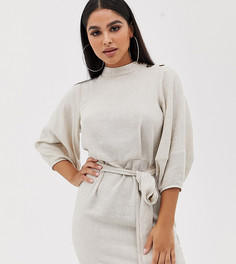 Платье мини с поясом из ткани с добавлением льна ASOS DESIGN Petite-Кремовый