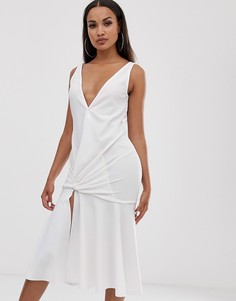Платье миди с глубоким вырезом и заниженной талией ASOS DESIGN-Белый