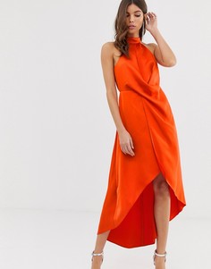 Атласное платье миди с высоким воротом и запахом ASOS DESIGN-Оранжевый
