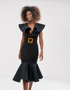 Платье миди с глубоким вырезом и оборками ASOS DESIGN-Белый