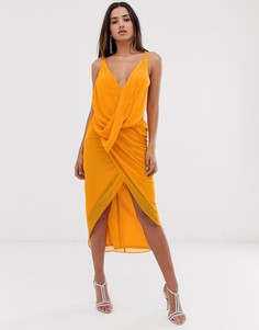 Платье миди из мягкого шифона с драпировкой и запахом ASOS DESIGN-Мульти