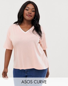 Розовая футболка с V-образным вырезом и окантовкой ASOS DESIGN Curve-Розовый
