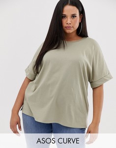 Oversize-футболка бойфренда цвета хаки с отворотами на рукавах ASOS DESIGN Curve-Зеленый