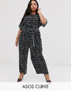 Плиссированный комбинезон в горошек с поясом ASOS DESIGN Curve-Мульти