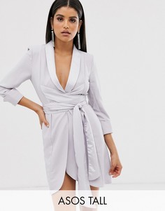 Короткое платье в стиле смокинга со сборками на рукавах ASOS DESIGN Tall-Серебряный