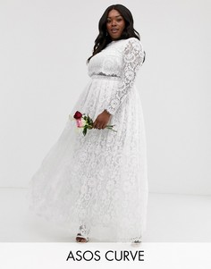Кружевное платье макси с укороченным топом и длинными рукавами ASOS EDITION Curve wedding-Белый