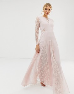 Платье макси с длинным рукавом и кружевными вставками ASOS DESIGN-Розовый