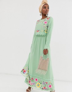 Двухслойное платье макси с вышивкой ASOS DESIGN-Зеленый