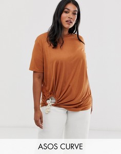 Футболка с завязкой сбоку ASOS DESIGN Curve-Коричневый