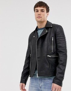 Кожаная байкерская куртка на молнии со стеганой отделкой Barneys Originals-Черный