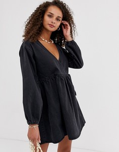 Черное свободное джинсовое платье мини с запахом ASOS DESIGN-Черный