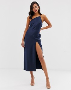 Атласное платье миди на одно плечо с драпировкой на спине ASOS DESIGN-Темно-синий