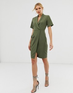 Платье миди цвета хаки с запахом и карманом Closet London-Зеленый