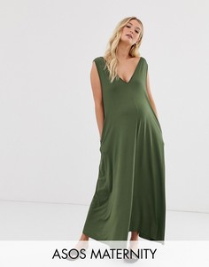 Трапециевидное платье макси с глубоким вырезом ASOS DESIGN Maternity-Черный