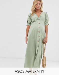 Чайное платье макси на пуговицах из ткани сирсакер ASOS DESIGN Maternity-Зеленый