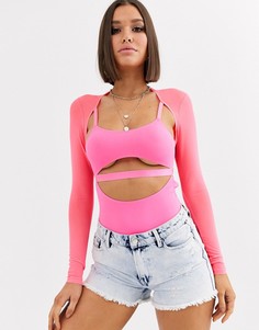 Боди с длинными сетчатыми рукавами, вырезами и ремешками ASOS DESIGN Louanna-Розовый