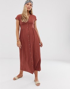 Фактурное хлопковое платье макси на пуговицах Vero Moda-Коричневый