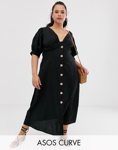 Чайное платье макси из жатого хлопка на пуговицах ASOS DESIGN Curve-Черный