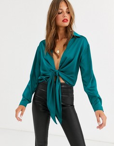 Рубашка с глубоким вырезом, завязкой и длинными рукавами ASOS DESIGN-Синий