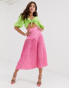 Розовая плиссированная юбка миди с цветочным принтом Never Fully Dressed-Розовый