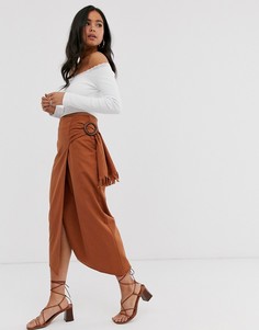 Джинсовая юбка миди с пряжкой ASOS DESIGN-Коричневый