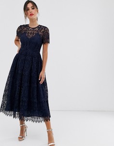Кружевное платье миди с ленточной завязкой и открытой спиной ASOS DESIGN-Темно-синий