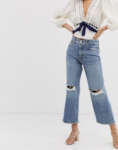 Широкие укороченные джинсы с дырками на коленях Free People Ranger-Синий