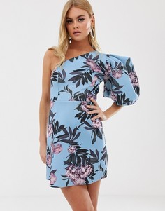 Короткое приталенное платье на одно плечо с пышным рукавом и цветочным принтом ASOS DESIGN-Мульти
