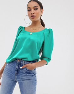 Атласный топ с овальным вырезом, отделкой на плечах и короткими рукавами ASOS DESIGN-Зеленый