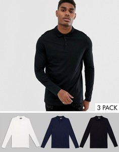 Набор из 3 трикотажных поло из органического хлопка с длинными рукавами ASOS DESIGN - Скидка-Мульти