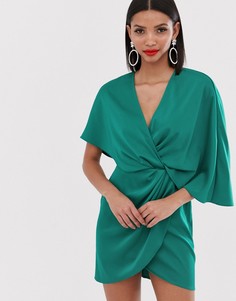 Атласное платье-кимоно мини с узелком и асимметричными рукавами ASOS DESIGN-Зеленый