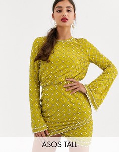 Платье мини с длинными рукавами, жемчугом и бисером ASOS DESIGN Tall-Золотой