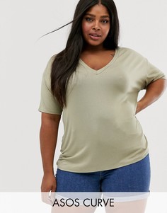 Фактурная oversize-футболка цвета хаки с V-образным вырезом ASOS DESIGN Curve-Зеленый