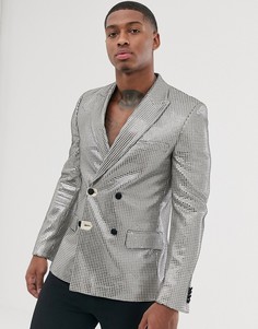 Приталенный двубортный блейзер с декоративной строчкой ASOS DESIGN-Серебряный