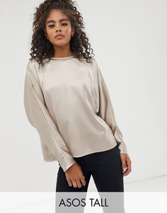 Атласный топ с рукавами \летучая мышь\" и запахом на спине ASOS DESIGN Tall-Серый