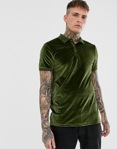 Велюровая футболка-поло цвета хаки ASOS DESIGN-Зеленый