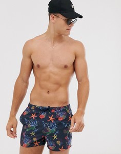 Короткие шорты для плавания с принтом на подводную тему ASOS DESIGN-Синий
