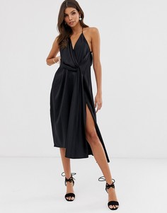 Атласное платье миди с драпировкой ASOS DESIGN-Черный