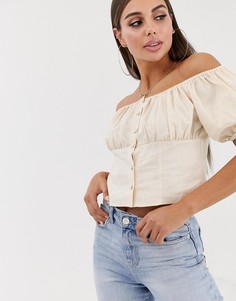 Топ с открытыми плечами из ткани на основе льна ASOS DESIGN-Бежевый