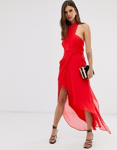 Платье миди из мягкого шифона с драпировкой и запахом ASOS DESIGN-Красный