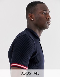 Облегающее поло темно-синего в рубчик с окантовкой ASOS DESIGN Tall-Темно-синий
