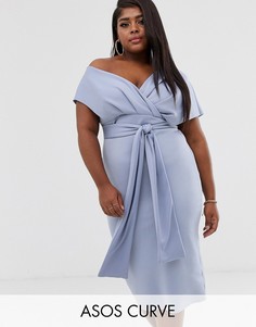 Платье-футляр миди с завязкой ASOS DESIGN Curve-Синий