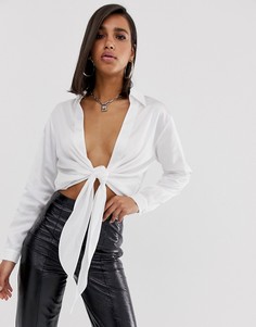 Рубашка с глубоким вырезом, завязкой и длинными рукавами ASOS DESIGN-Кремовый