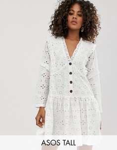 Свободное платье мини на пуговицах с вышивкой ASOS DESIGN Tall-Белый